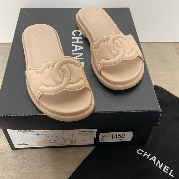 CHANEL Shoes - CHANEL CC Beige Patent Calfskin Leather Sandal Mules with Box